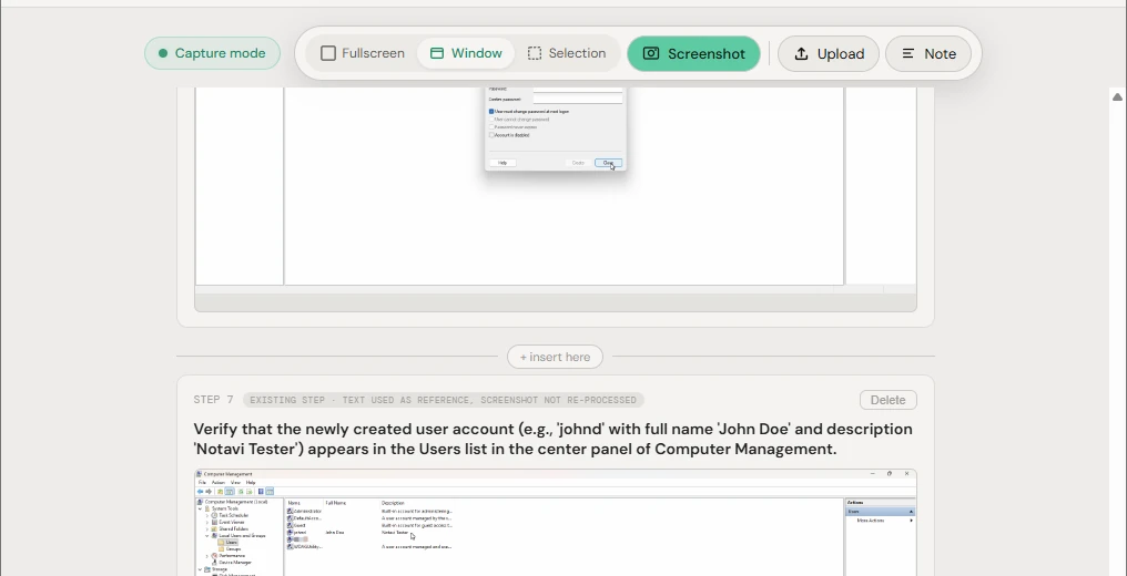 Notavi capture mode — the capture toolbar with Fullscreen, Window, Selection and Screenshot modes.