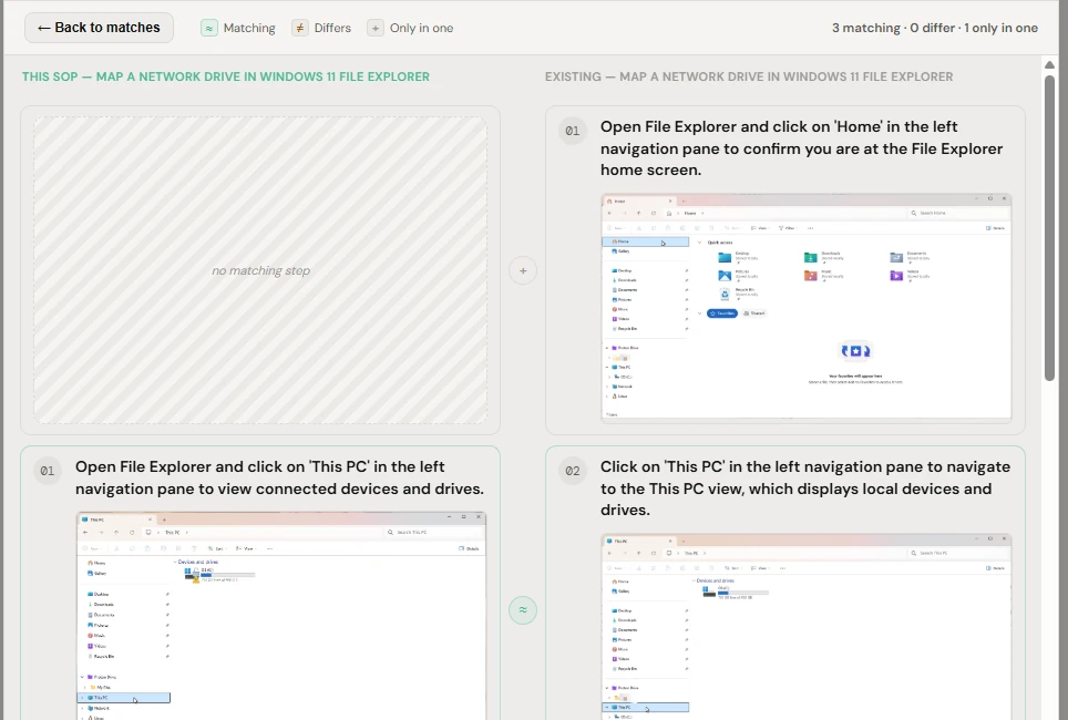 Notavi step-level comparison — matching, differing and only-in-one steps shown side by side before you merge.