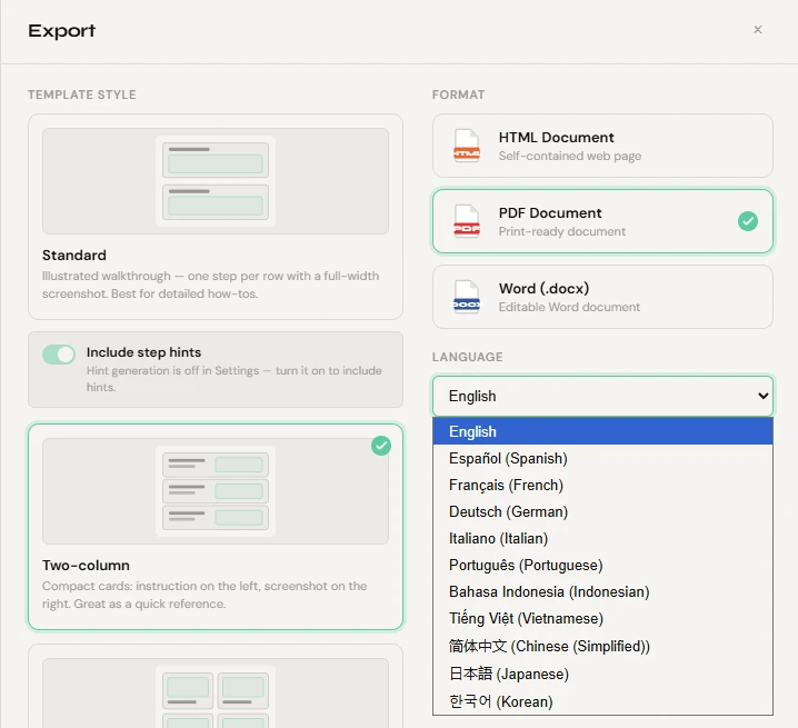 The export language picker open, listing all eleven languages from English and Spanish to Japanese and Korean.