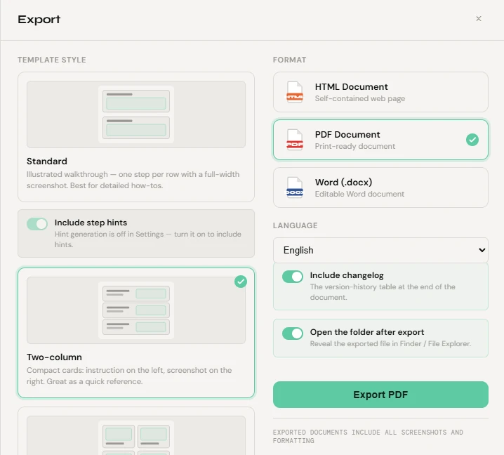 Notavi's export panel — template style (Standard / Two-column / Quadrant), format (HTML / PDF / Word), and options.