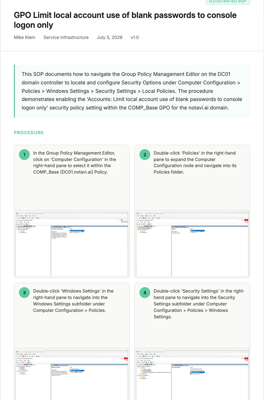 A Notavi SOP exported in a quadrant layout — a tidy grid of numbered step cards, each with its screenshot.