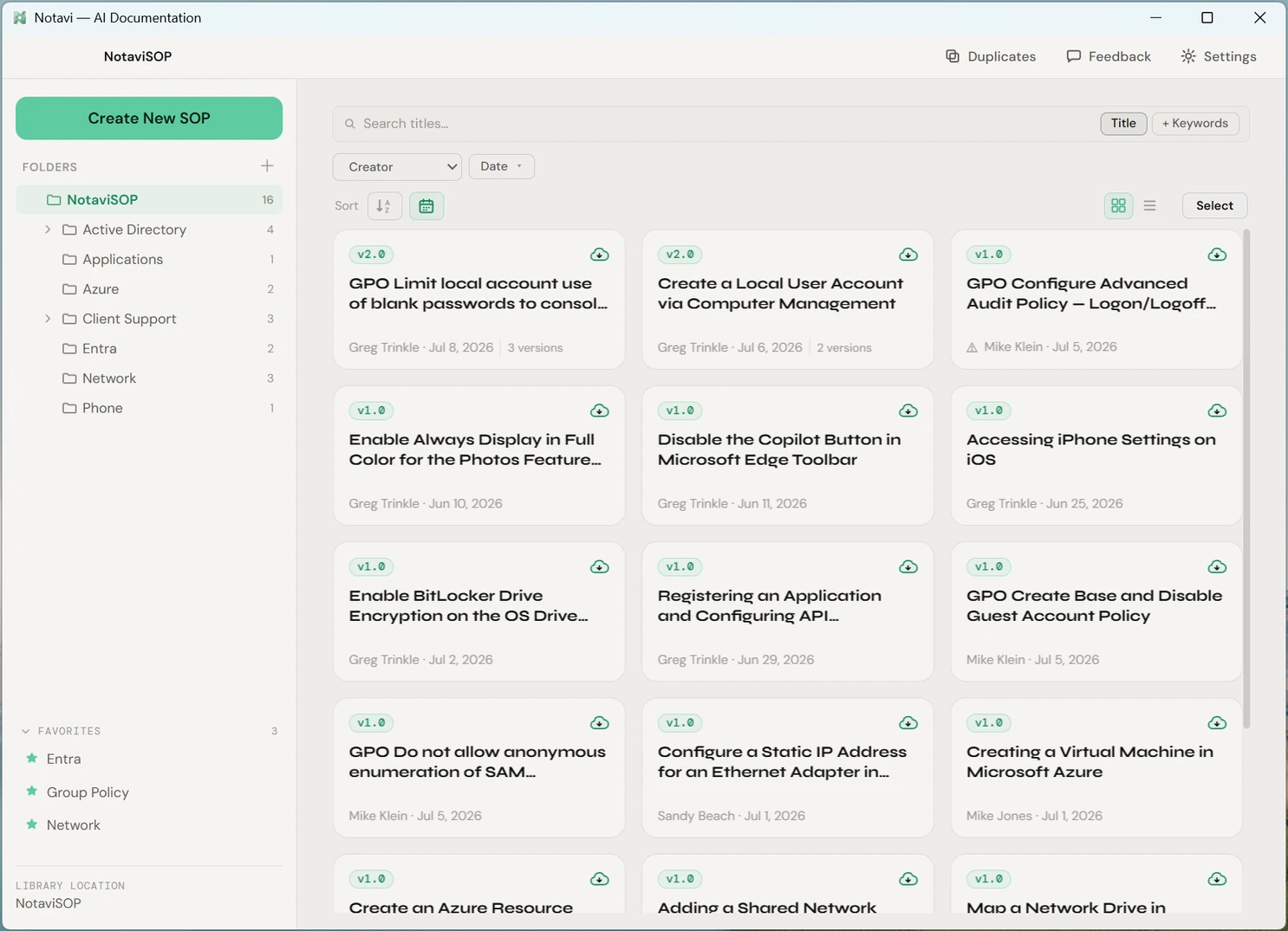 The Notavi library — folders down the left, a grid of saved step-by-step guides on the right, each tagged with a version.