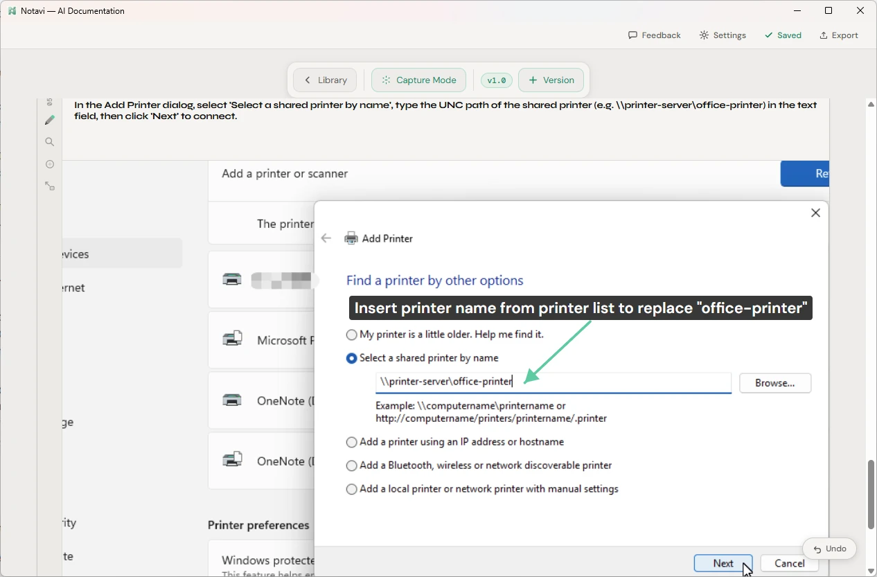 A step's screenshot with markup applied — a blur over a sensitive field, a mint arrow, and a text-box label.