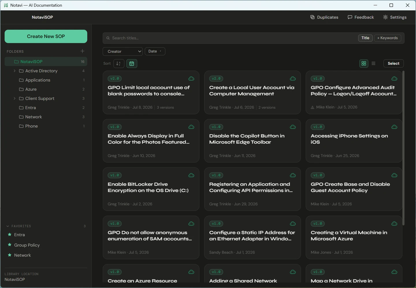 The Notavi library in dark theme — the same organized grid of versioned guides, kept in storage you own.