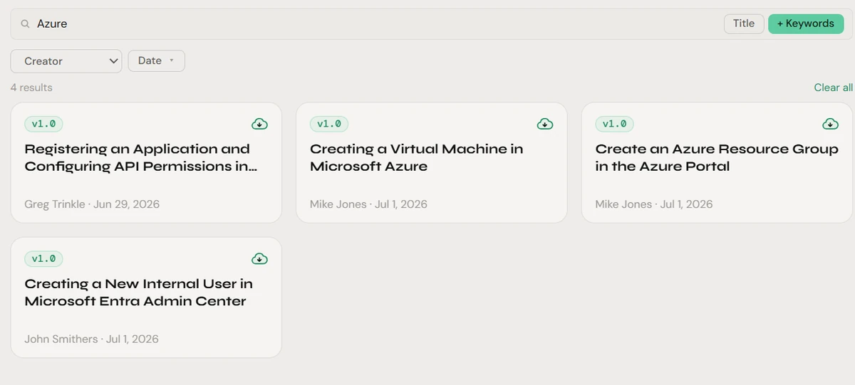 Notavi search — a keyword narrows the whole library across every folder to the matching guides.