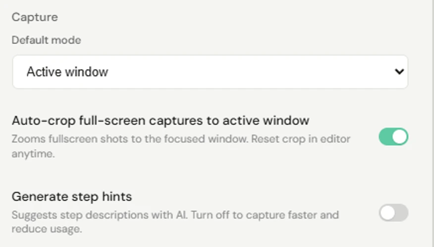 Notavi's Settings — the Capture section with a Default mode selector set to 'Active window', an auto-crop-to-active-window toggle, and a 'Generate step hints' AI toggle you can turn off.