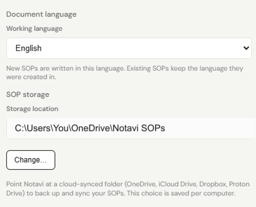Notavi's Settings — the SOP storage location pointing at a cloud-storage folder you own, with a Change button, and the working-language selector set to English.