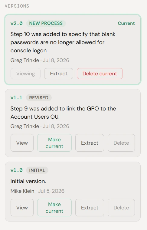 Notavi version history — v2.0, v1.1 and v1.0 with a plain-language change note and controls to view, extract or make current.
